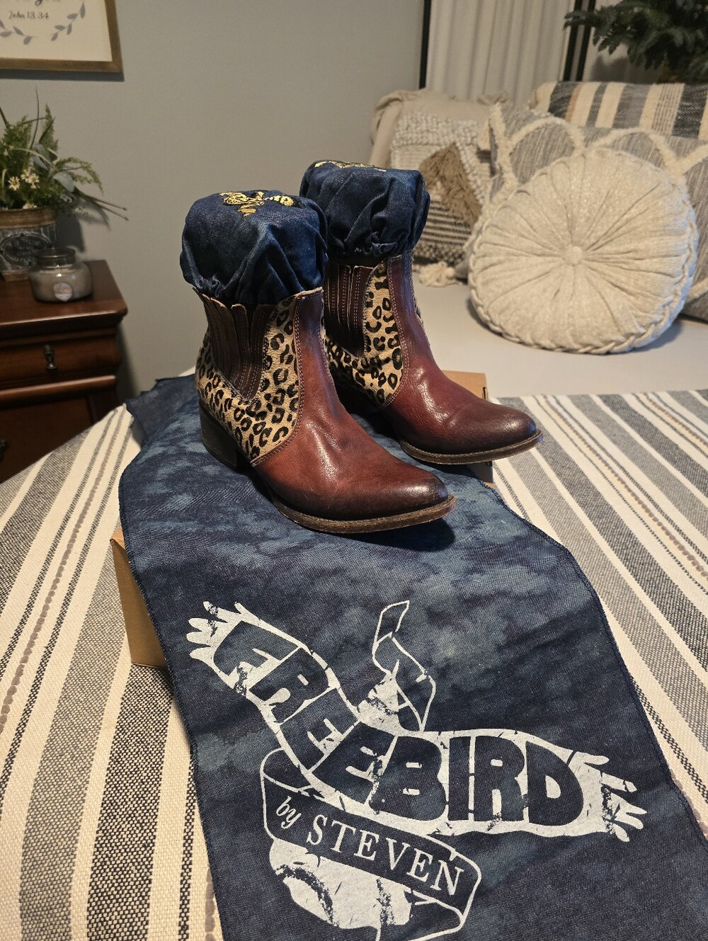 Freebird by Steven Brown Leather & Leopard Print Ankle Booties with Navy Cuffs